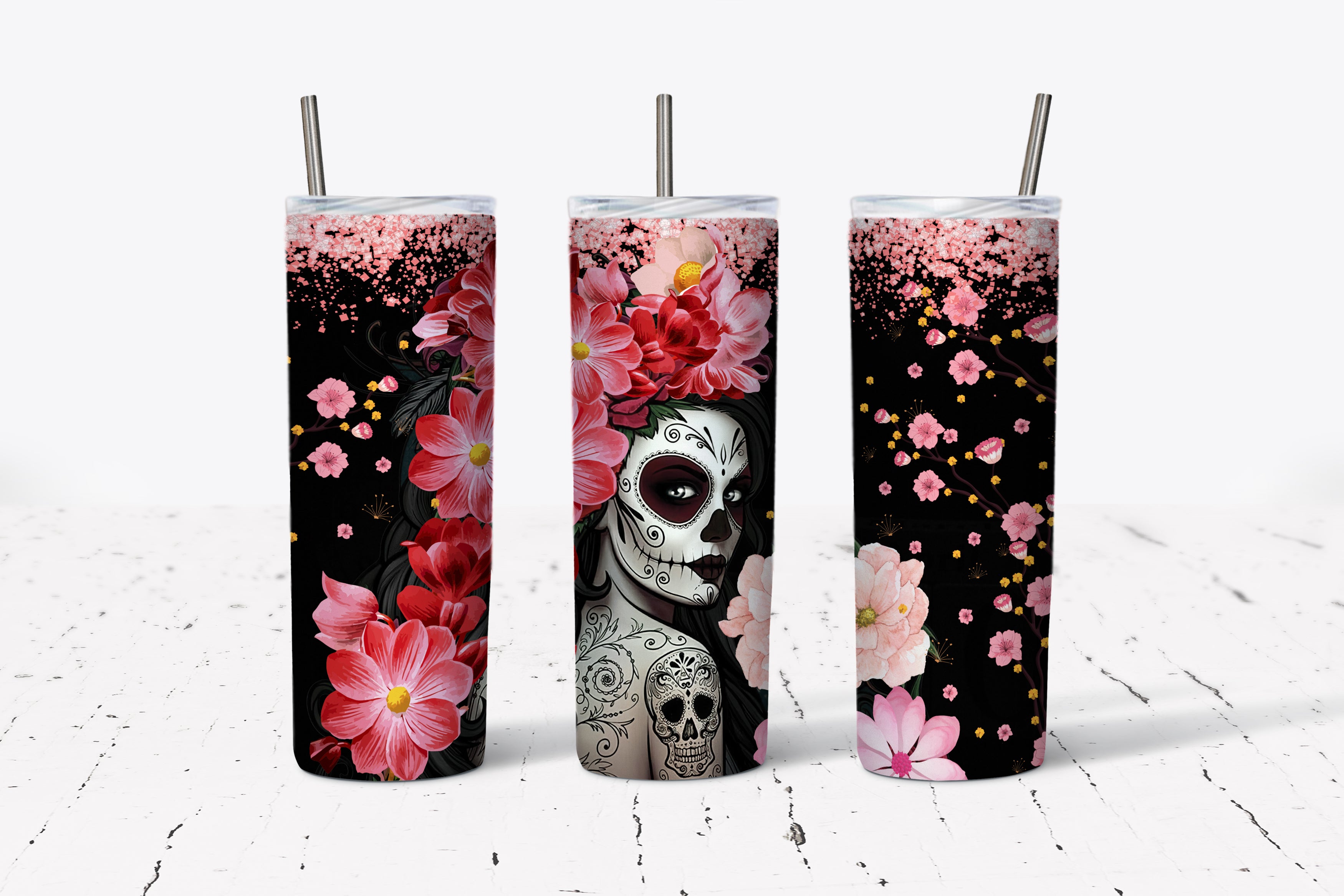 Black Skull Insulated Tumbler with Straw