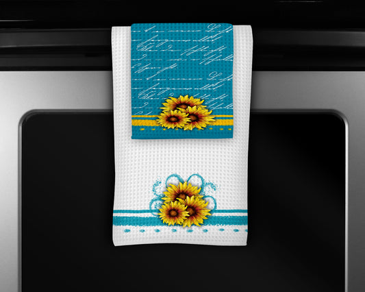 Teal Sunflower Kitchen Towels Set