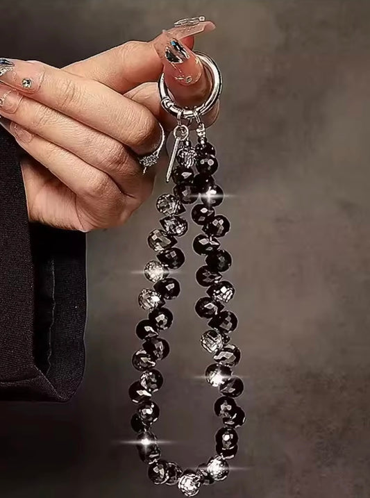 Black Beaded Cell Phone Wristlet, Keychain Wristlet, Purse Charm