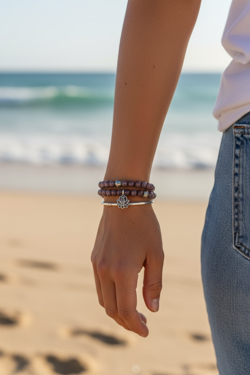 Glow in the Dark Bracelet Set, Grayish Purple Beaded Bracelet Set
