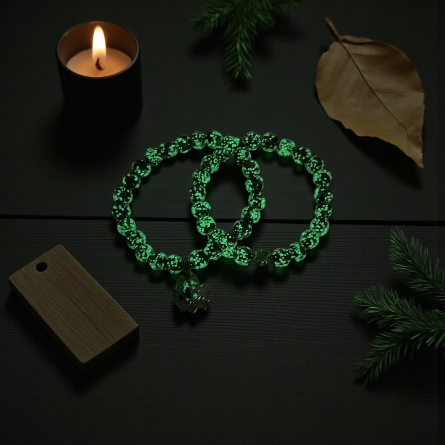 Glow in the Dark Bracelet Set, Black Beaded Bracelet Set