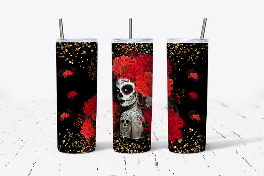 Sugar Skull 20oz Tumbler, Sublimation Tumbler, Mexicana, Sexy Catrina, Red Flowers